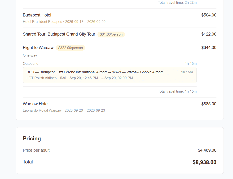 Client-facing quote view showing a polished travel proposal with itinerary, pricing, and booking details
